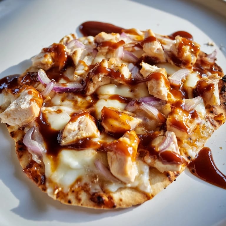 Freshly baked BBQ Chicken Flatbread topped with cilantro, served with a glass of chilled rosé on a rustic table.