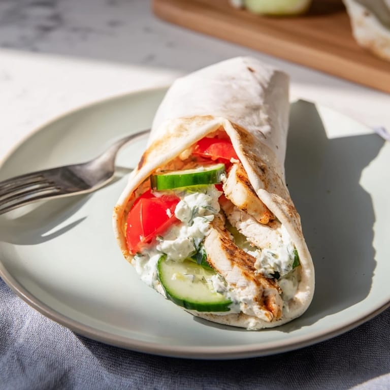 Warm pita wrapped around seasoned chicken, diced tomatoes, crisp veggies, and tangy tzatziki—perfect for lunch.