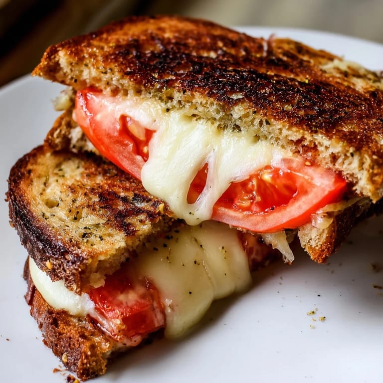Golden-brown Pepper Jack & Tomato Grilled Cheese with melted pepper jack oozing from the sides, served hot and ready to enjoy on a cozy lunch plate.