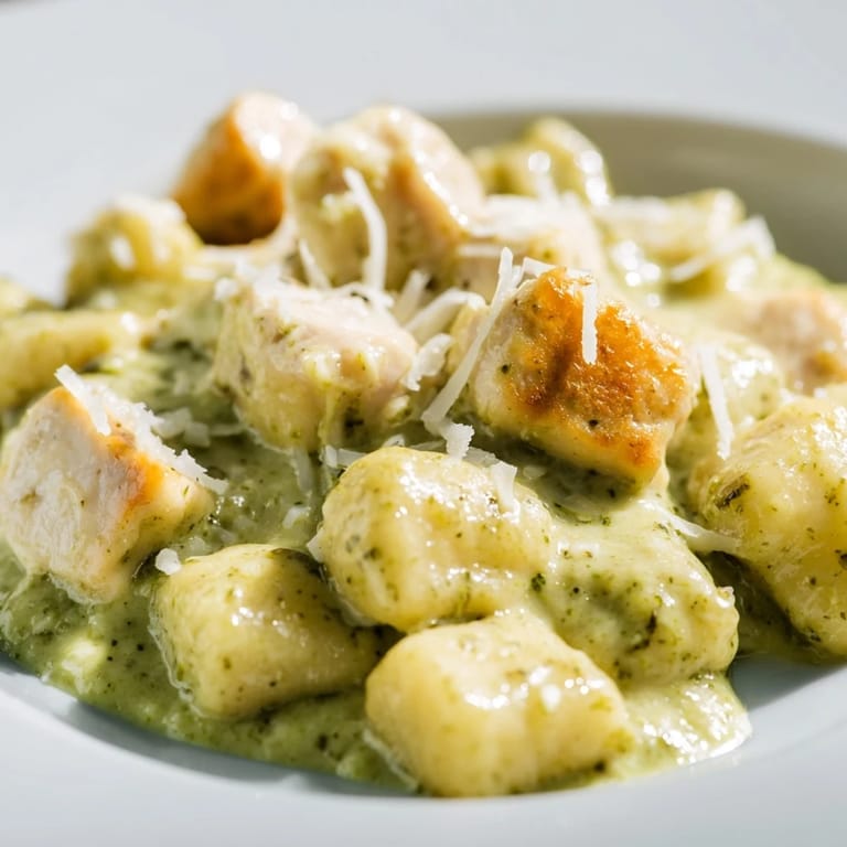 Creamy Pesto Gnocchi with Chicken is ready for a cozy dinner, featuring a rich, garlicky sauce clinging to every pillow of gnocchi.  