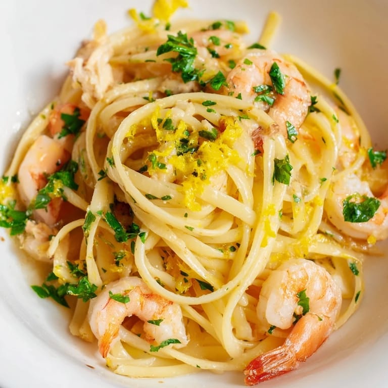 Italian-American Lemon Garlic Shrimp & Chicken Pasta served warm, ready for a weeknight dinner or special occasion.
