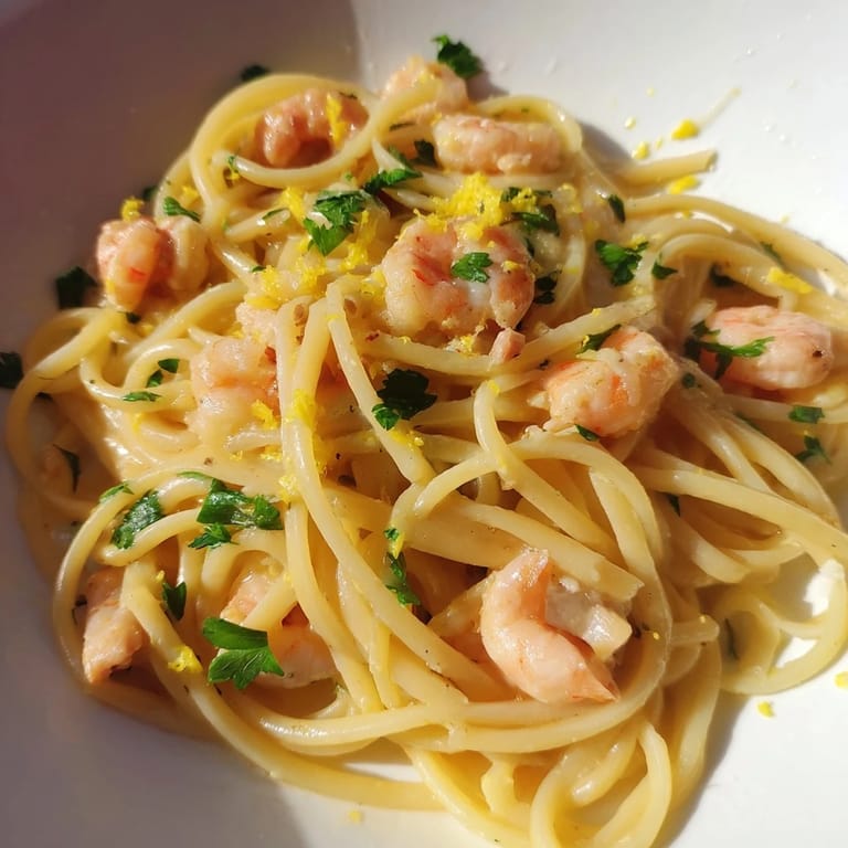 Golden-brown pieces of chicken and pink shrimp nestled in pasta, garnished with fresh parsley and lemon wedges.