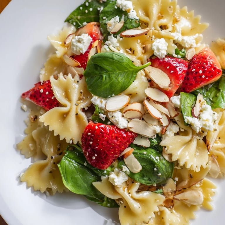 Cold pasta salad with juicy strawberries and baby spinach, drizzled with tangy poppy seed dressing for spring.