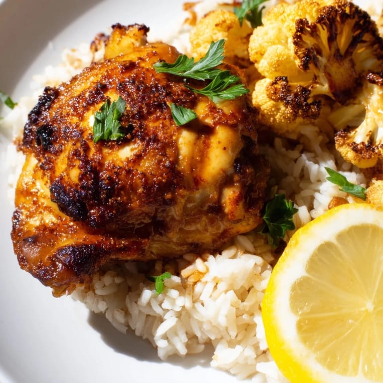 A close-up of the roasted cauliflower chicken sheet pan showing caramelized edges on the vegetables and juicy, paprika-rubbed chicken thighs ready to serve.  