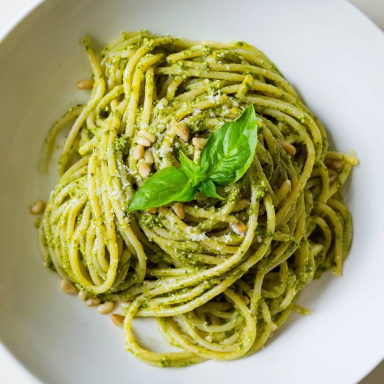Creamy Sunflower Seed Pesto Pasta tossed with penne in a rich green sauce, topped with parmesan and served next to a glass of white wine.