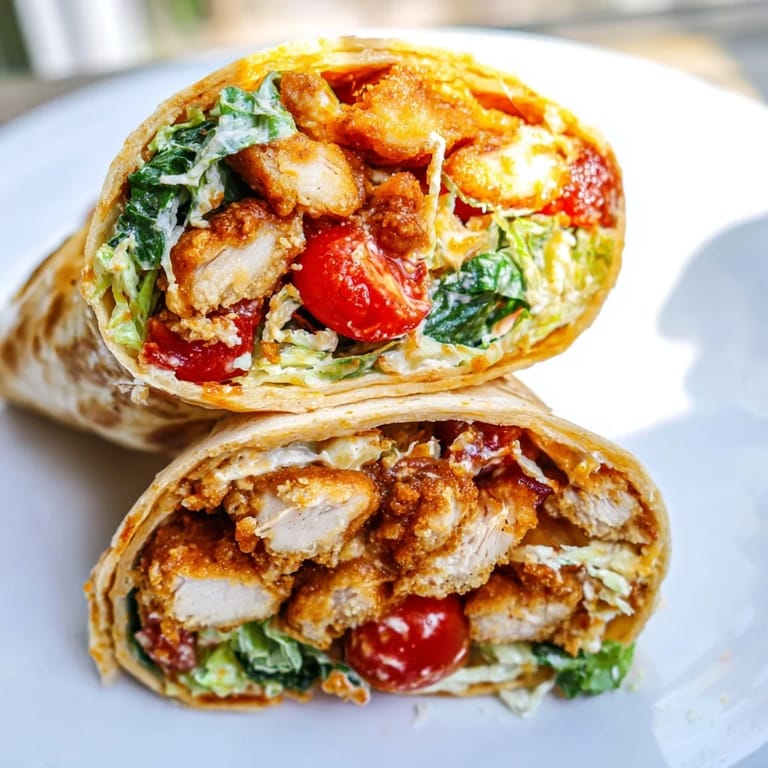 A handheld Hot Honey Chicken Caesar Wrap with a drizzle of hot honey over golden chicken, served on a rustic wooden board.