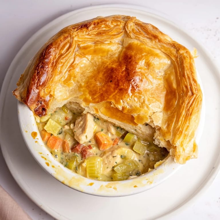 Freshly baked Chicken and Leek Pie rests on a wooden board, garnished with chopped parsley for a classic British main dish.  