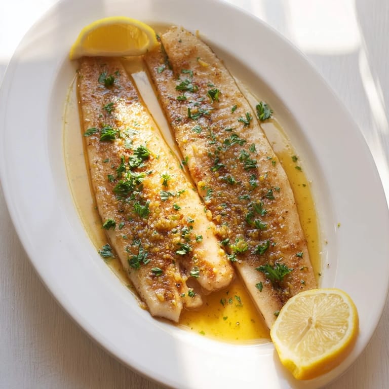 Flounder meunière served with green beans and lemon wedges, highlighting the delicate fish and rich lemon-butter sauce.