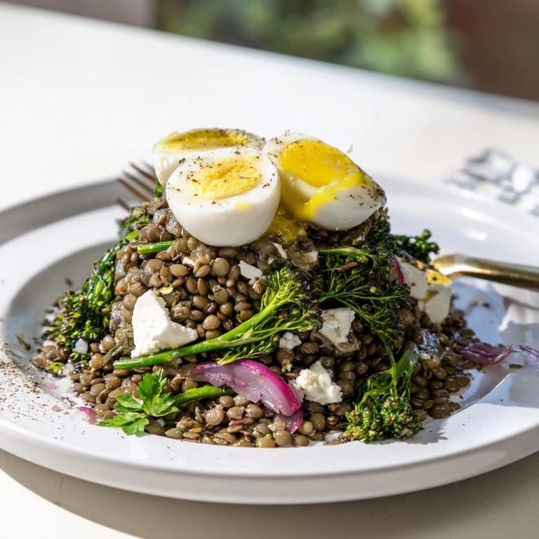 Bright French Lentil Salad With Broccolini and Soft-Cooked Eggs tossed in tangy Dijon vinaigrette, perfect for meal prep.