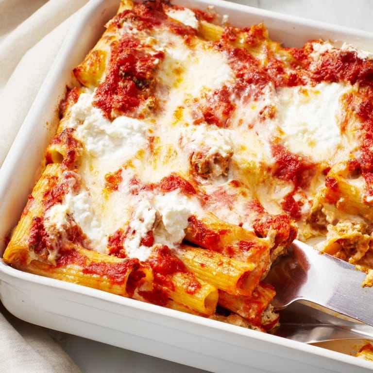 Fork-ready portions of Freezer Make-Ahead Baked Ziti, garnished with fresh basil and paired with a crisp green salad.