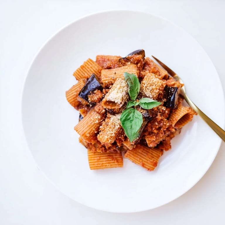 Overhead view of Pasta Alla Norma plated with fresh basil leaves, showcasing a hearty vegetarian dinner perfect for a weeknight meal served with a glass of red wine.