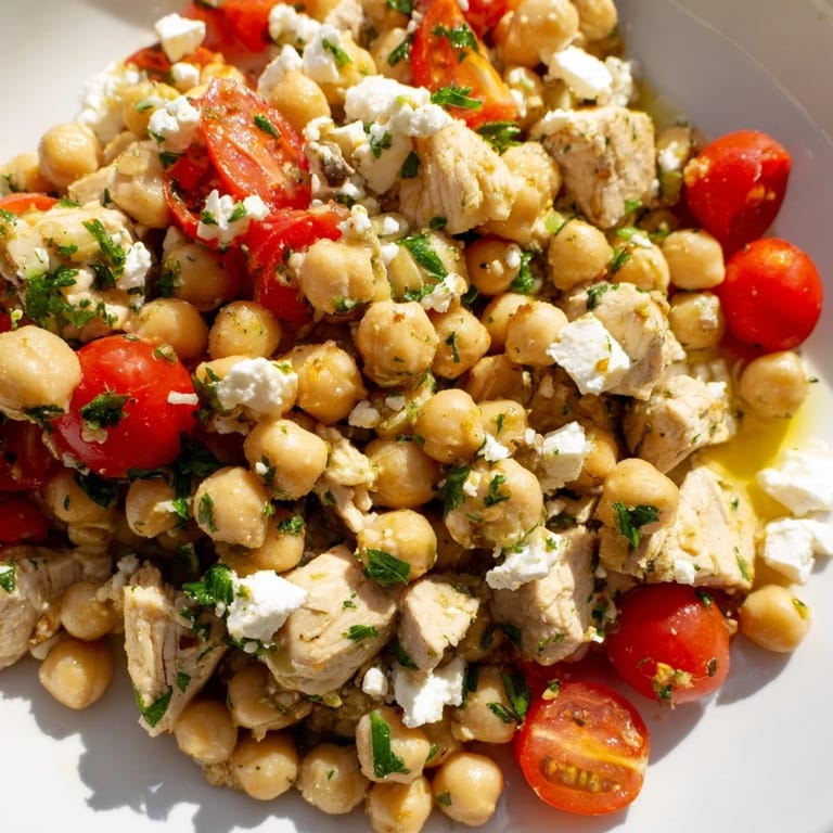 Mediterranean Chickpea Chicken Salad in a white bowl, topped with crumbled feta and halved cherry tomatoes.