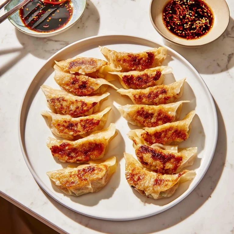 Homemade smashed gyozas on a wooden plate, crispy bottoms contrasting with tender wrappers and savory pork filling.  