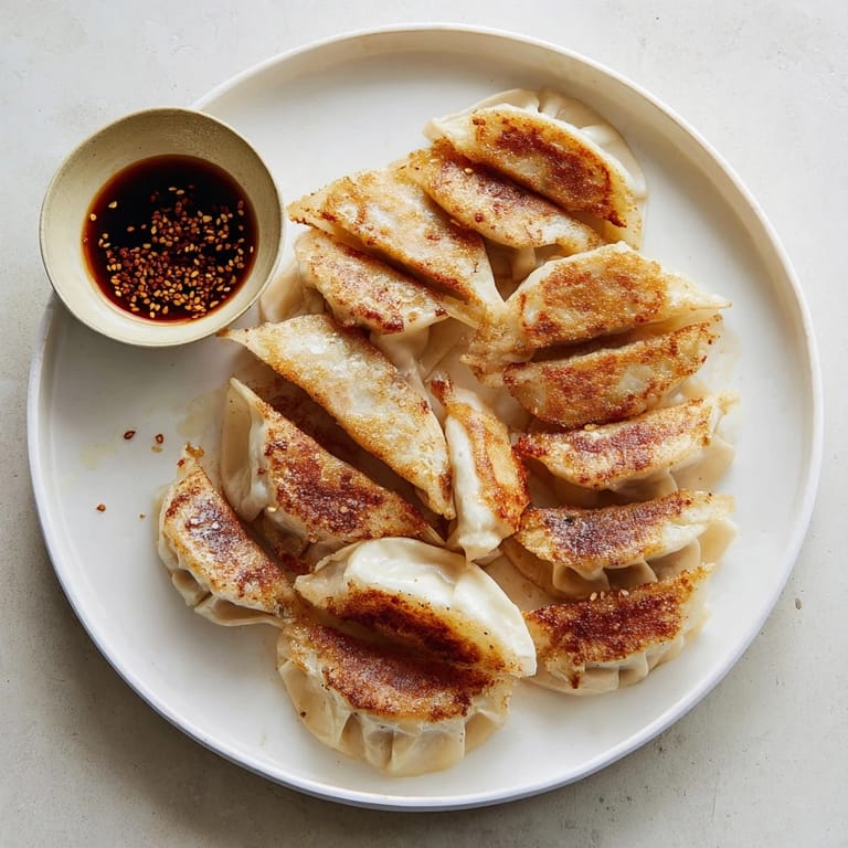 Uplifting close-up of smashed gyozas garnished with green onions and sesame seeds, ready for a quick appetizer.