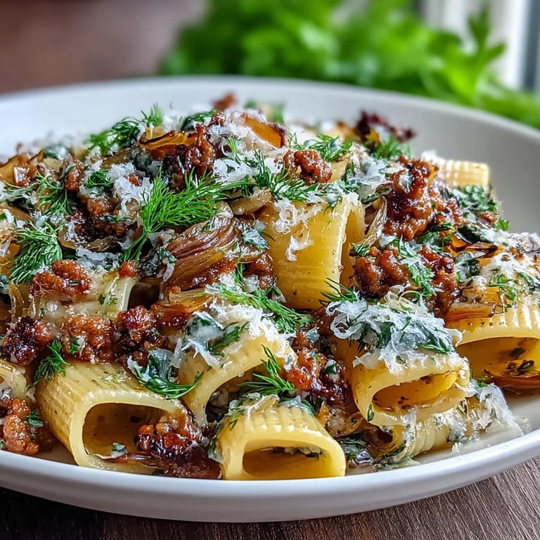 A close-up of Winter Pasta with Sausage and Fennel glistens with olive oil, Parmesan, and fresh fennel fronds.