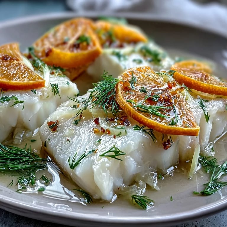 Tender Poached Cod With Fennel and Orange, showcasing vibrant citrus and delicate fish.