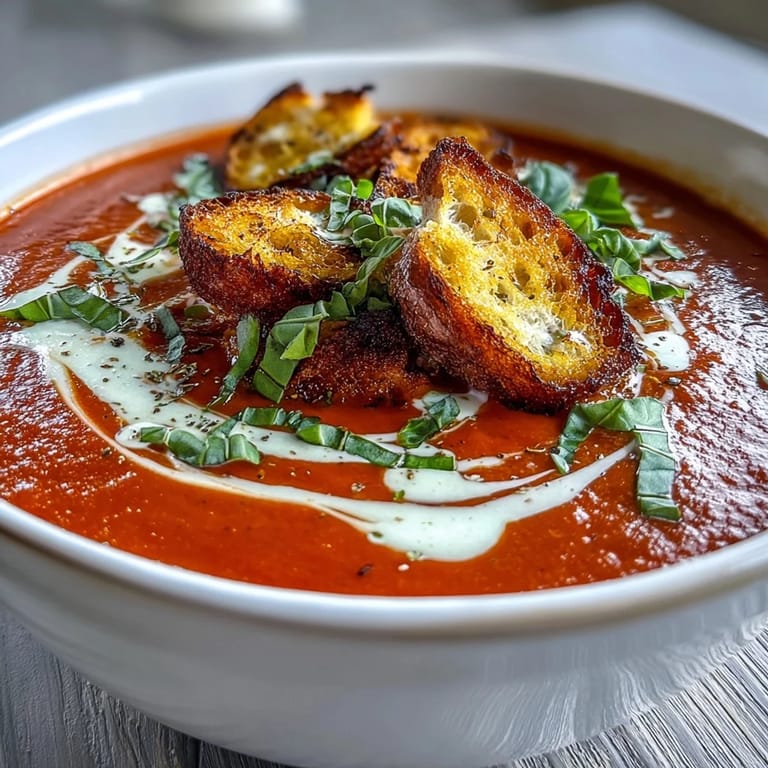 Homemade Creamy Roasted Tomato Soup with crispy croutons, served alongside a grilled cheese sandwich.