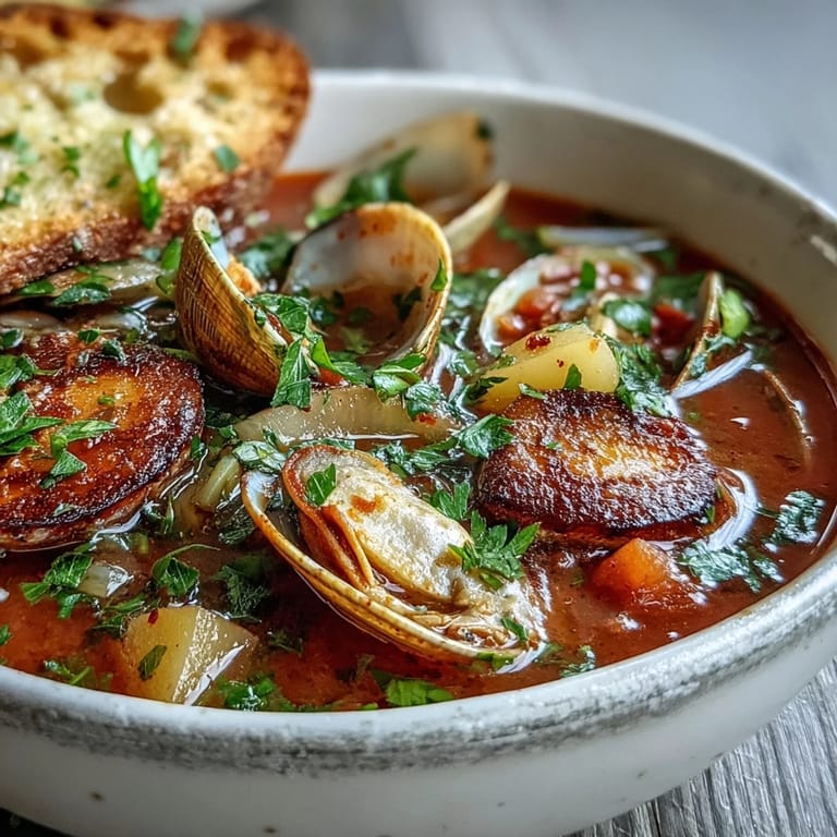 Steaming bowl of Manhattan Clam Chowder garnished with parsley, served alongside crusty sourdough bread for dipping.