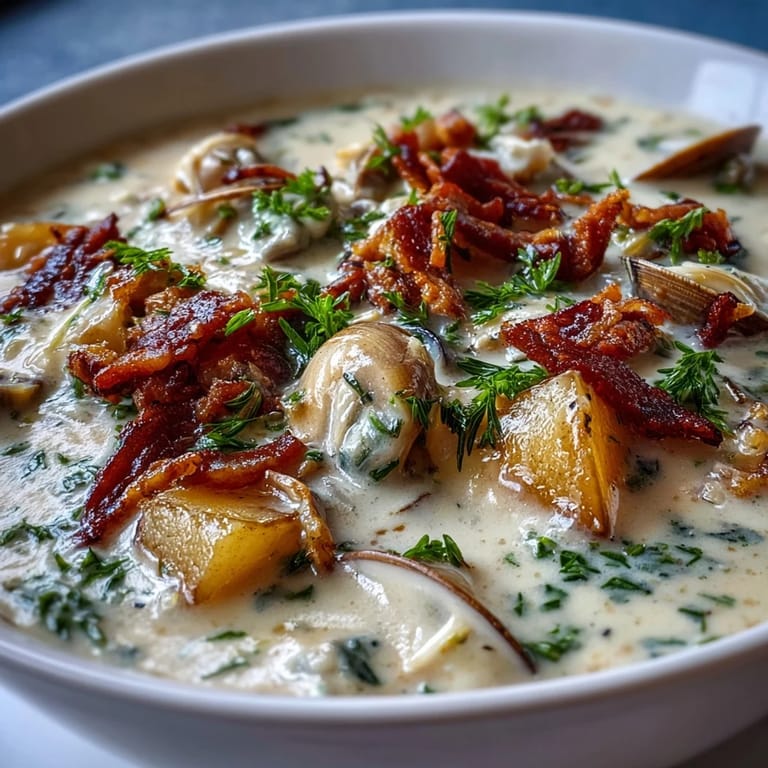 Comforting New England Clam Chowder with crispy bacon bits and a rich, velvety broth, ready to enjoy hot.