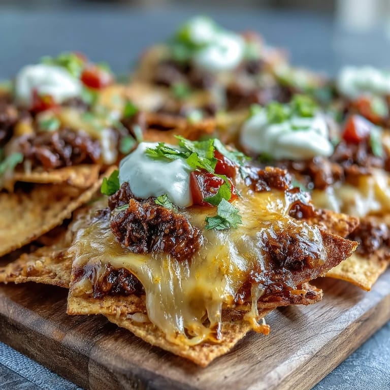 Freshly baked BBQ Beef Nachos with bubbly cheddar, pickled jalapeños, and red onion ready to serve.