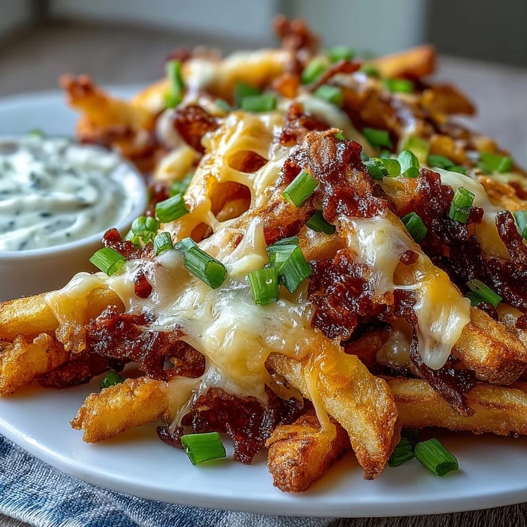 Freshly baked Cheesy BBQ Fries with Ranch Dip feature golden fries smothered in bubbling cheese, served alongside a creamy white dipping sauce.