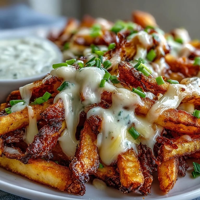 Plate of hot Cheesy BBQ Fries with Ranch Dip showing crunchy texture, smoky seasoning, and a cool dip for a perfect party snack.