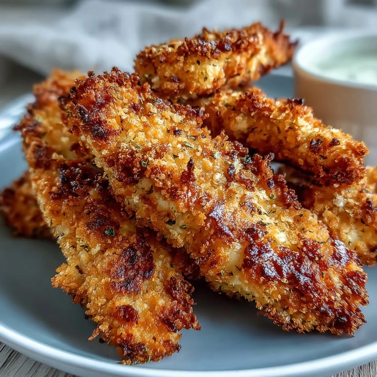 A hand dipping a crispy Air Fryer Chicken Strip into vibrant barbecue sauce with a side of coleslaw.