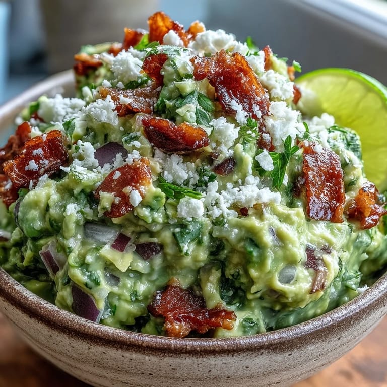 Smoky Bacon Guacamole with Cotija Cheese blended with lime juice, red onion, and jalapeño, garnished with extra bacon for a bold, crowd-pleasing dip.