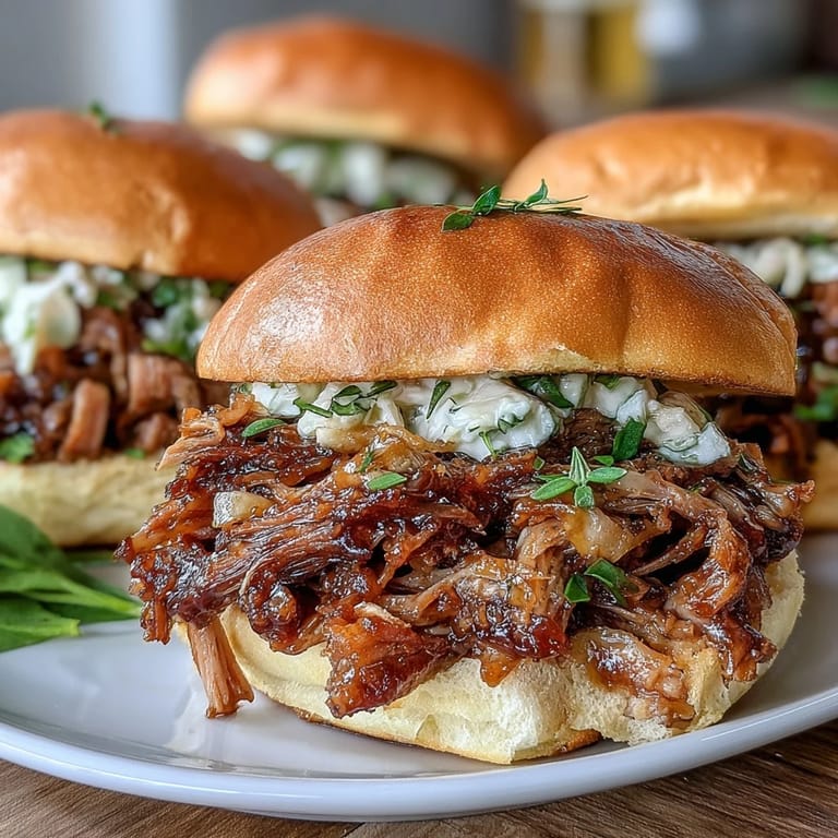 Served hot on toasted buns, this Applesauce Pulled Pork Sandwiches recipe features a forkful of juicy meat.