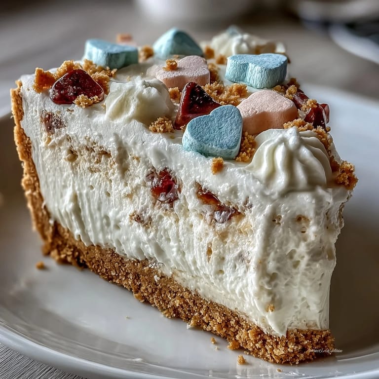 Freshly decorated Candy Hearts Fake Cake with piped pink whipped frosting and a sparkling rainbow sprinkle finish.