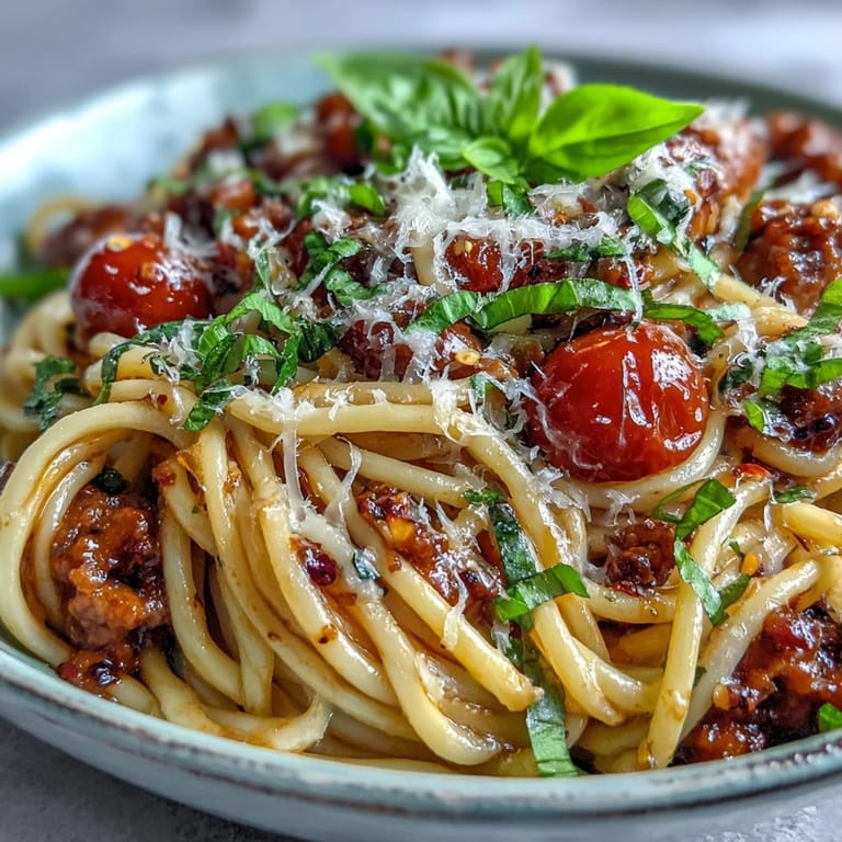 Vibrant Italian Drunken Noodles tossed with shrimp, garlic, and onions in a bold tomato wine sauce, ready to serve.