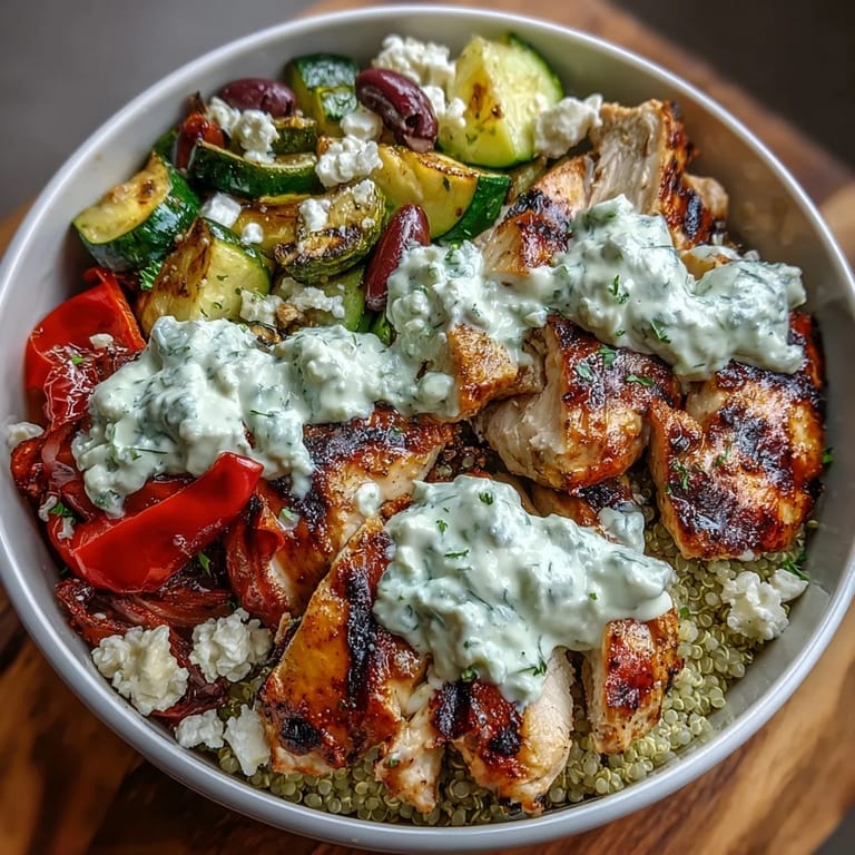 A close view of the Mediterranean bowl shows grilled veggies, olives, feta, and creamy tzatziki sauce.