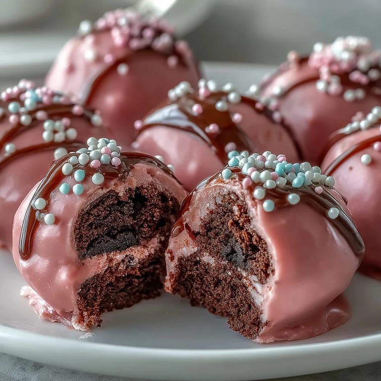 Close-up of Oreo Truffle Balls with Pink Candy Coating, revealing a rich chocolate center under a thick, crunchy shell.