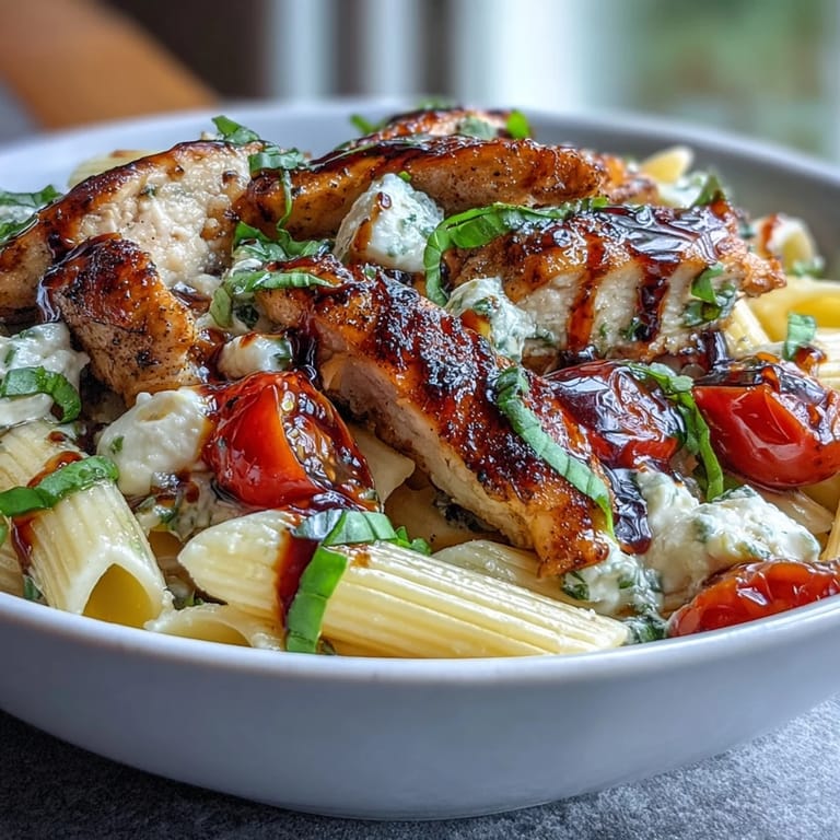 Bright cherry tomatoes soften around tender chicken and pasta tossed with basil, mozzarella, and balsamic in a skillet of Bruschetta Chicken Pasta.