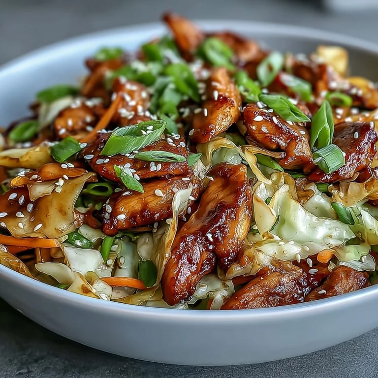 A steaming bowl of Egg Roll Bowls with golden-brown chicken, ginger, garlic, and crunchy vegetables, ready to enjoy as a quick weeknight dinner.
