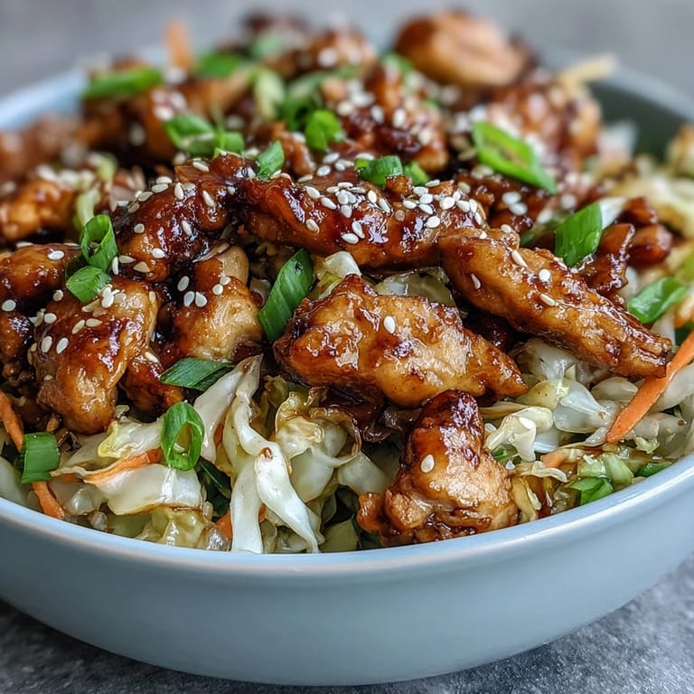 Forkful of vibrant Egg Roll Bowls with chicken, crisp cabbage, and shredded carrots, topped with sesame seeds and a spicy drizzle of chili crisp.