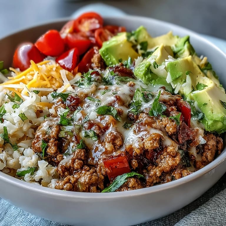 Low Carb Burrito Bowl featuring sizzling beef, fluffy cauliflower rice, crunchy romaine, and fresh cilantro, finished with sour cream.