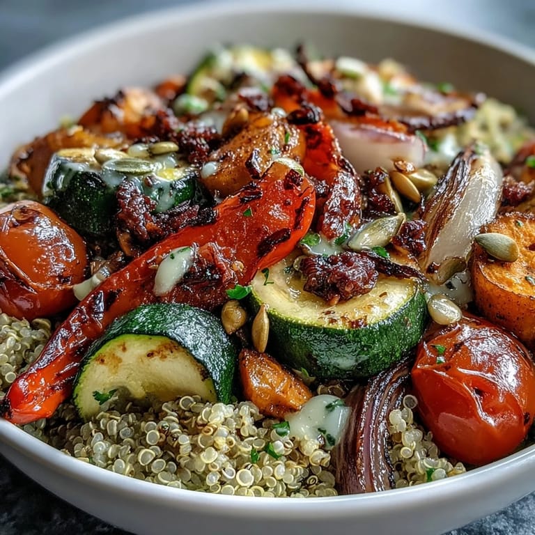 Diced zucchini, red bell peppers, and carrots top a hearty serving of the Veggie and Quinoa Power Bowl, ready for a nutritious lunch.
