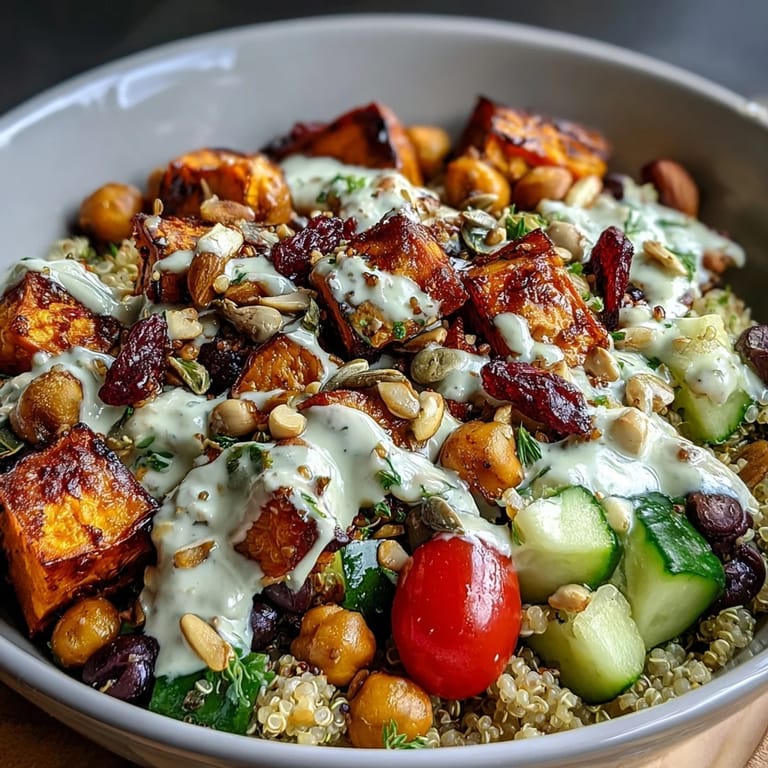 Close-up of Meal Prep Week-Long Power Bowl with fluffy quinoa, black beans, and crunchy pumpkin seeds in a clear glass container.