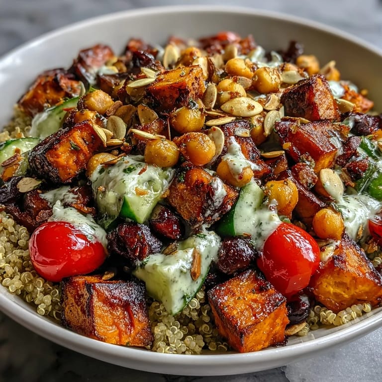 Colorful Meal Prep Week-Long Power Bowl with fresh cucumbers, tomatoes, and kale, drizzled with tangy lemon tahini sauce for a vegan dinner.
