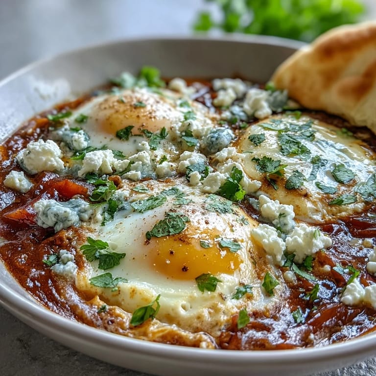 Homemade Shakshuka Bowl featuring runny yolks, vibrant bell peppers, and a slice of toasted pita ready to scoop.