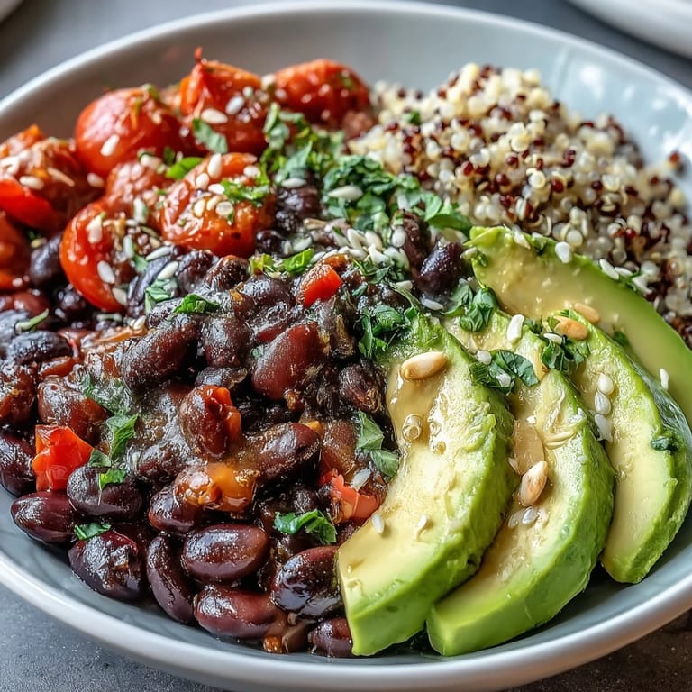 Wholesome vegetarian Three-Bean Power Bowl garnished with cilantro and seeds, ready for a nutritious lunch or dinner.