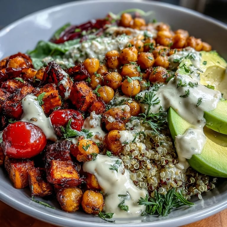 A colorful serving of Chickpea Power Bowl with tahini drizzle over quinoa and roasted vegetables.
