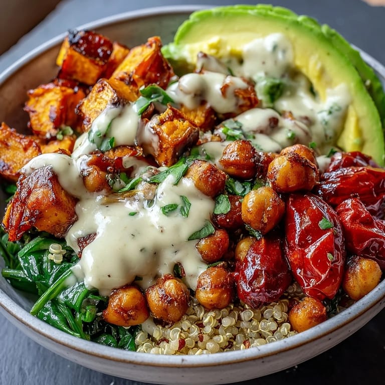 Overhead view of Chickpea Power Bowl featuring spiced chickpeas, sweet potatoes, and a creamy tahini sauce.