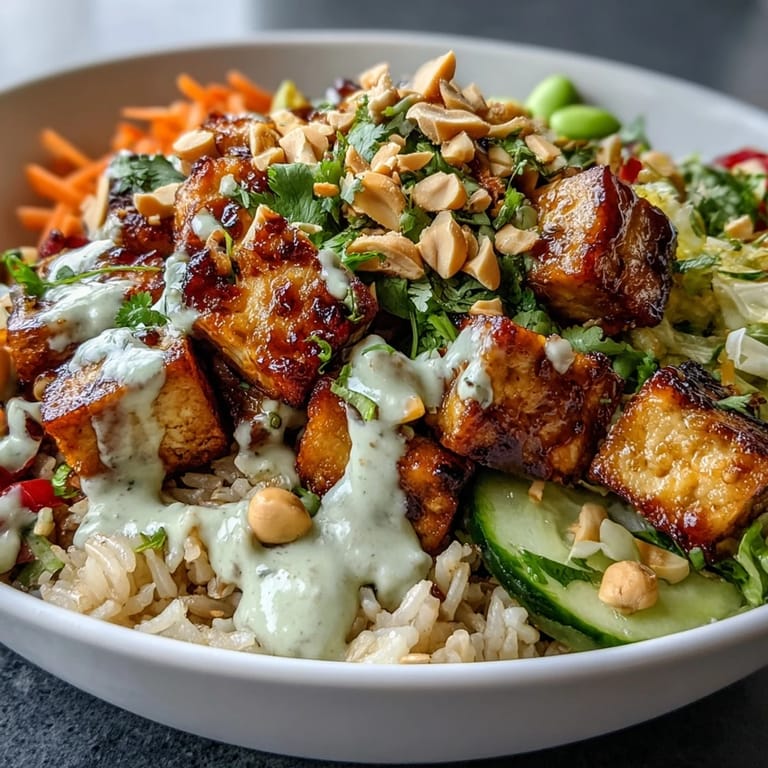 A beautifully plated Peanut Tofu Power Bowl showcases plant-based protein with crisp tofu and fresh vegetables, served ready to enjoy with chopsticks resting on the side.