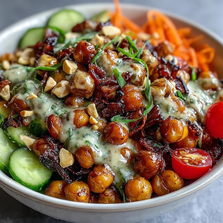 Drizzling creamy peanut sauce over the vibrant Peanut Chickpea Protein Bowl for dinner.