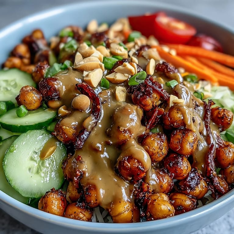 A generous serving of Peanut Chickpea Protein Bowl topped with chopped peanuts and cilantro.