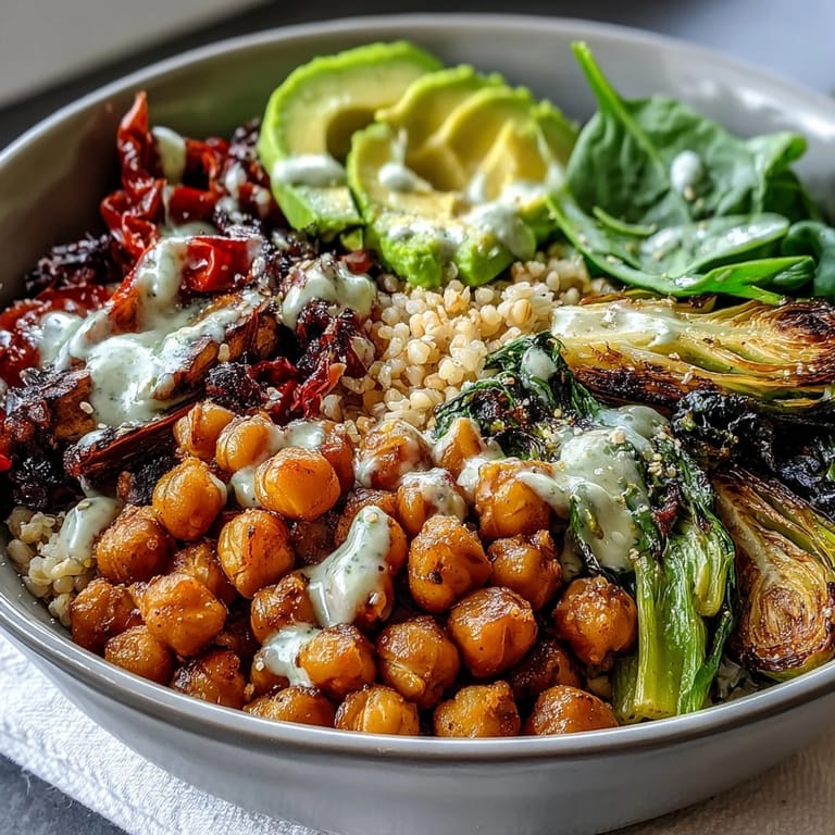 Sliced avocado and fresh greens garnish a hearty Roasted Chickpea Power Bowl, showcasing wholesome roasted vegetables and a rich, lemony tahini drizzle over fluffy grains.