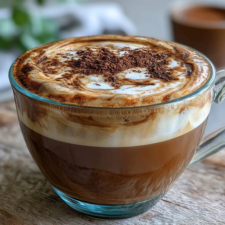 Hojicha Flat White served alongside a flaky croissant on a rustic table.