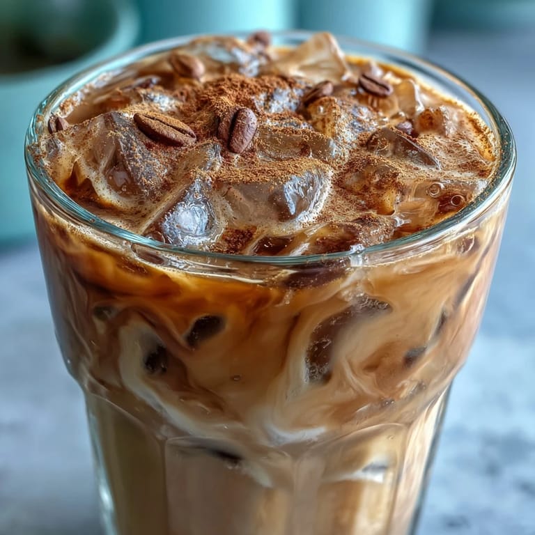 Refreshing glass of Iced Hojicha with Cinnamon, prepared with frothy milk and a light cinnamon dusting.